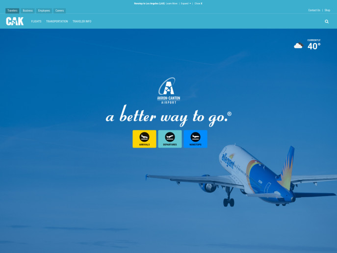 screenshot of the akron canton airport's website