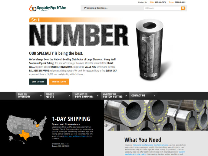 screenshot of the specialty pipe and tube website